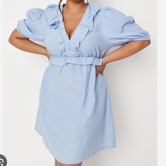Missguided Dresses & Skirts - Missguided Poplin Frill Waist Skater Dress SS Linen Look Blue V-neck Puff Sleeve